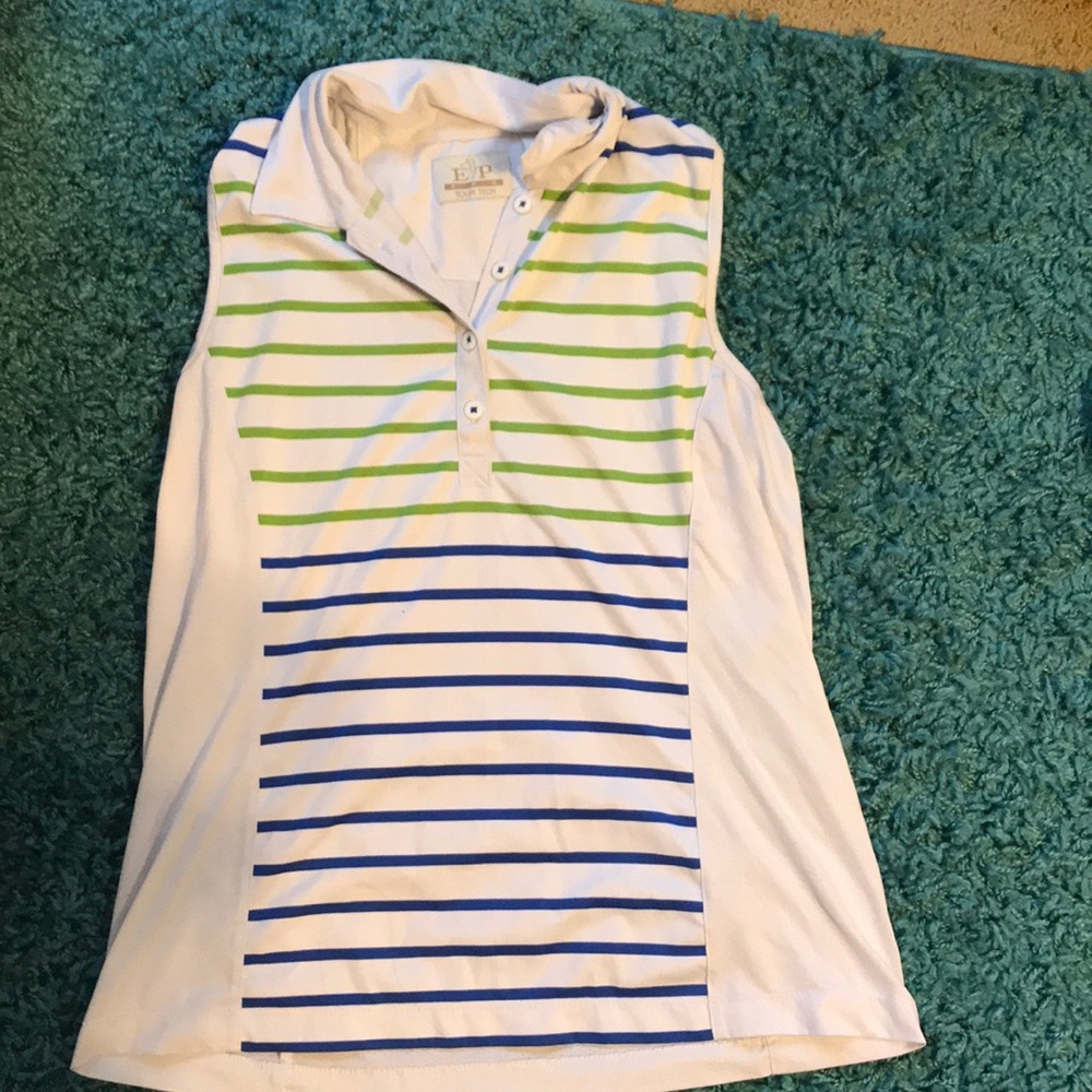 White golf tank top with green and blue stripes